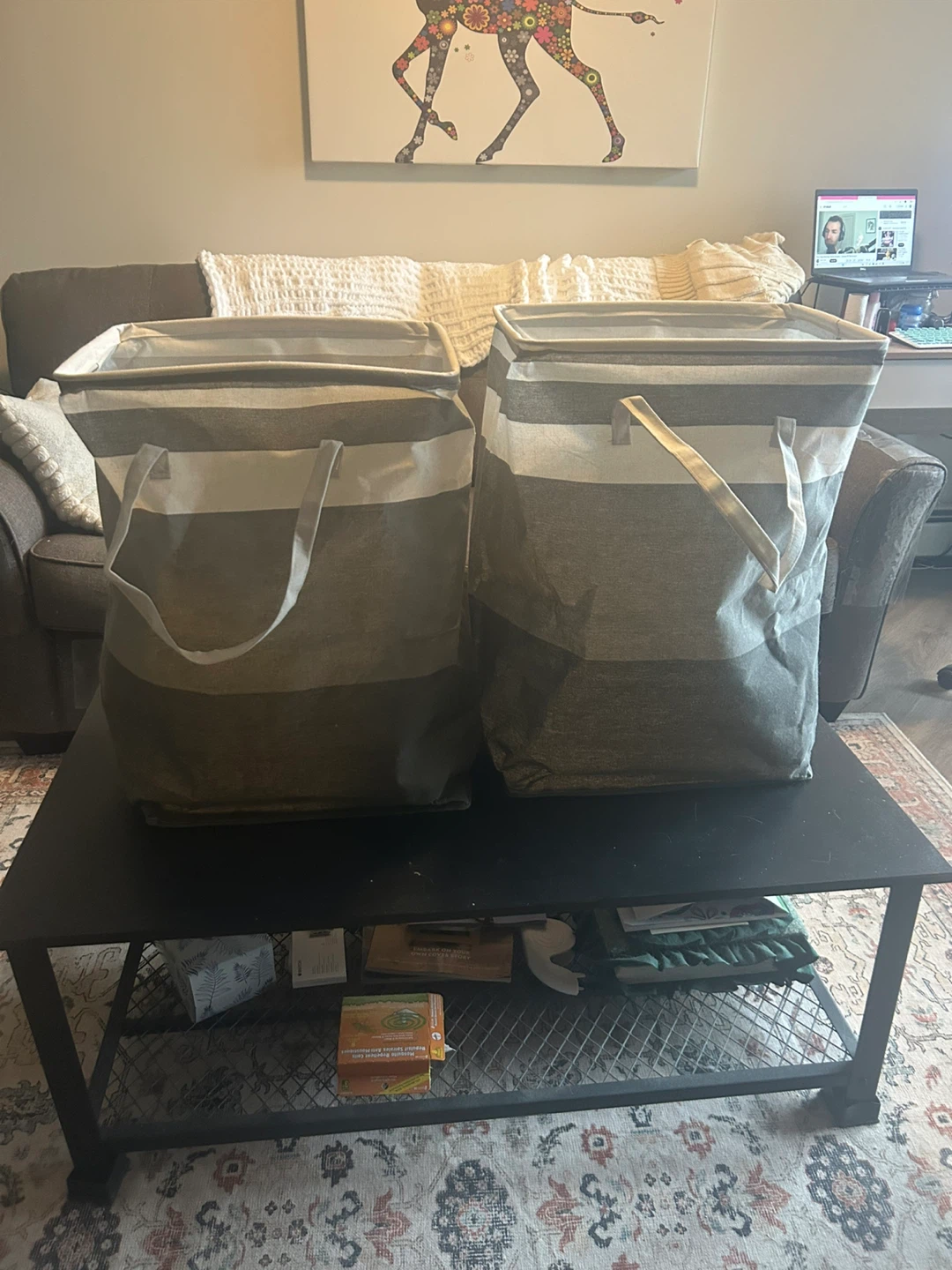 2 Grey Striped Laundry Hampers