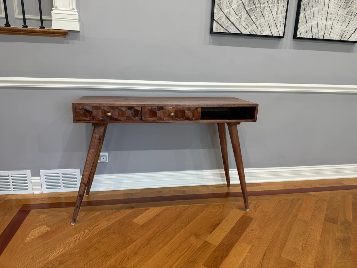 Mid-Century Modern Wood Writing Desk with 2 Drawers