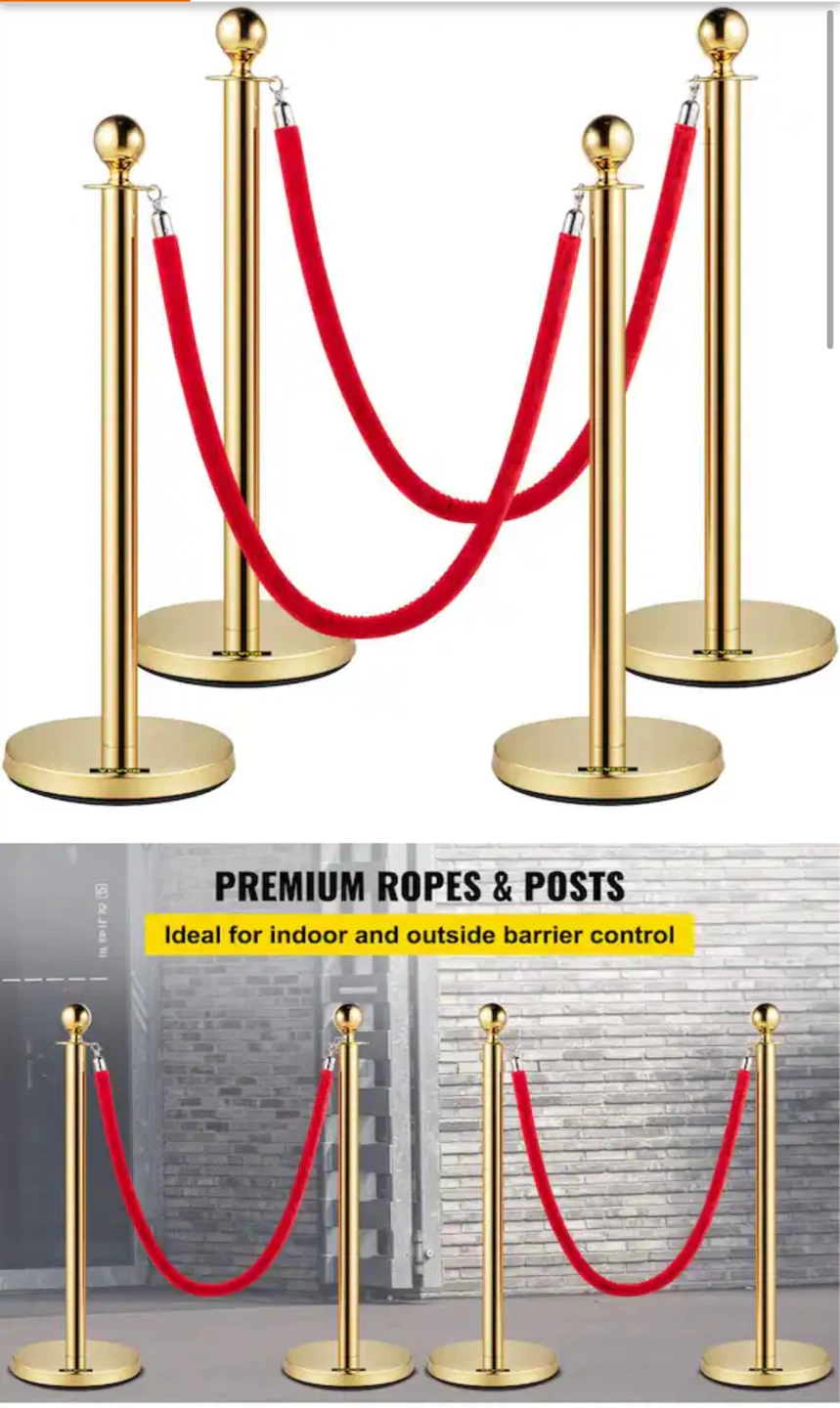 6 Gold Stanchion Posts with Black/Red Velvet Ropes