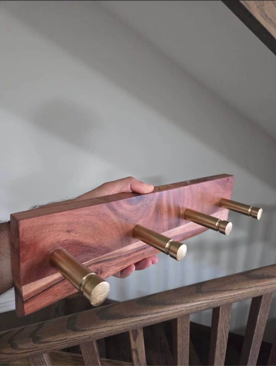 Wooden Wall Hook Rack with Brass Hooks