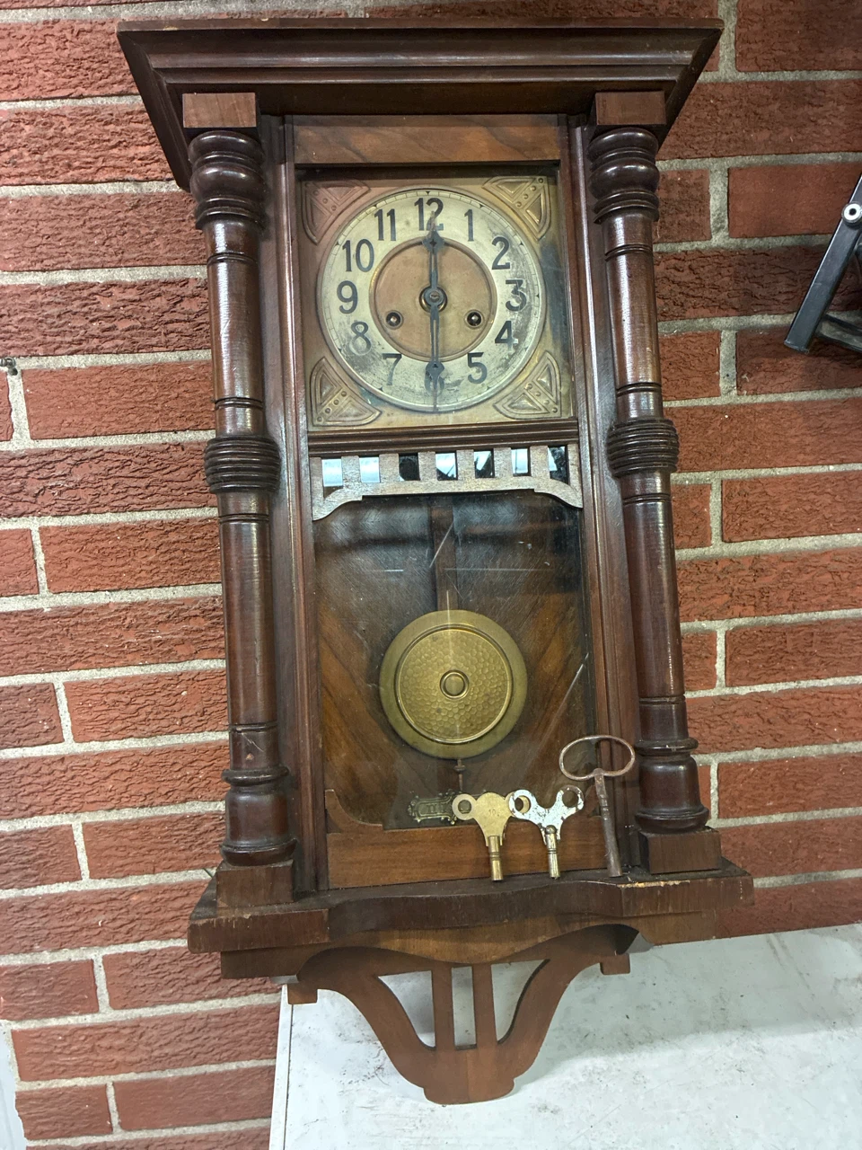 Antique Wood Wall Clock with Pendulum and Keys