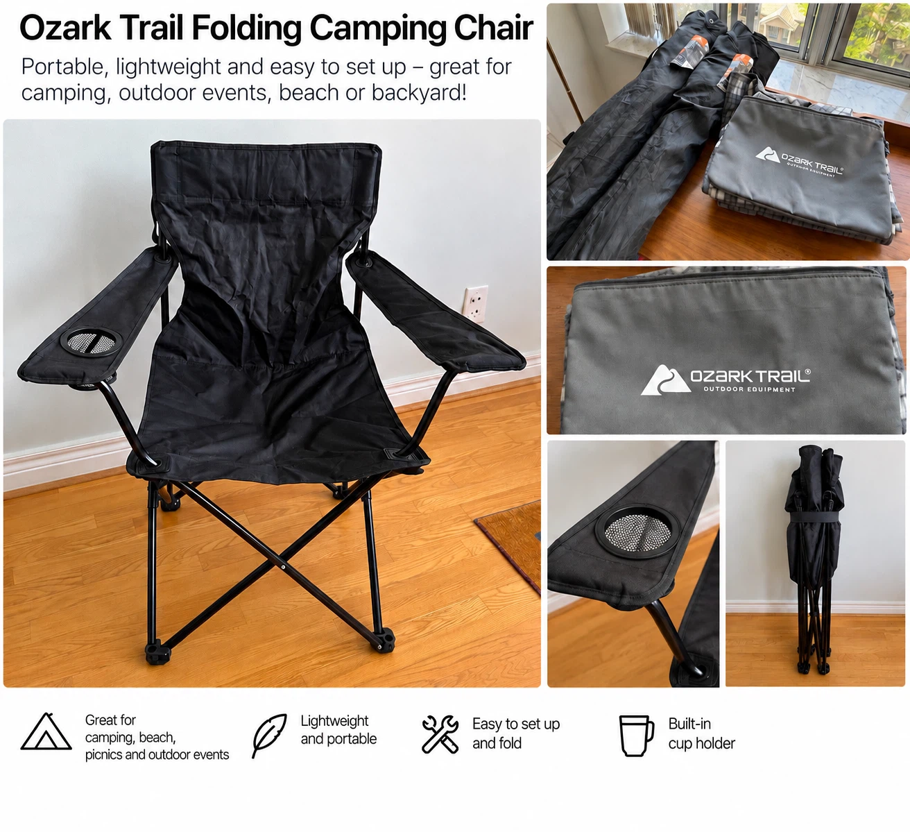 Two Ozark Trail Folding Camping Chairs + Blanket & Carry Bags