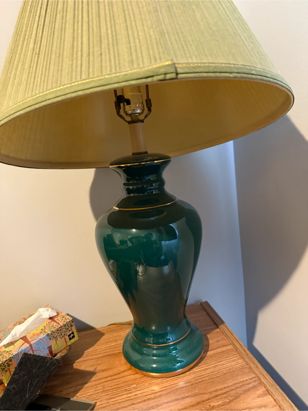 Green Ceramic Table Lamp with Yellow Shade