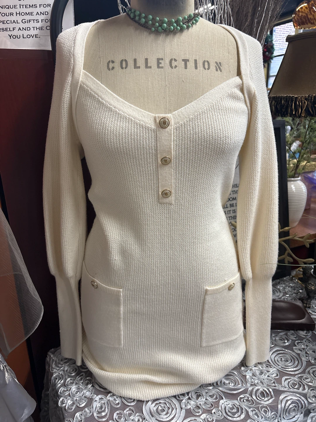 Cream Knit Sweater Dress with Gold Buttons