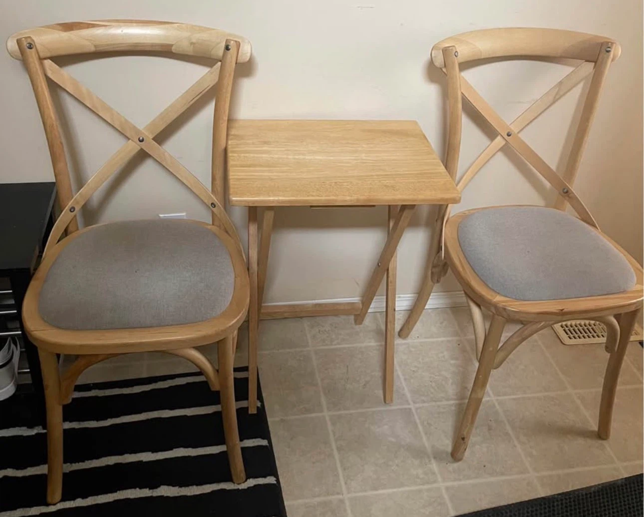 Two Wooden Cross-Back Chairs with Grey Cushions - photo 2