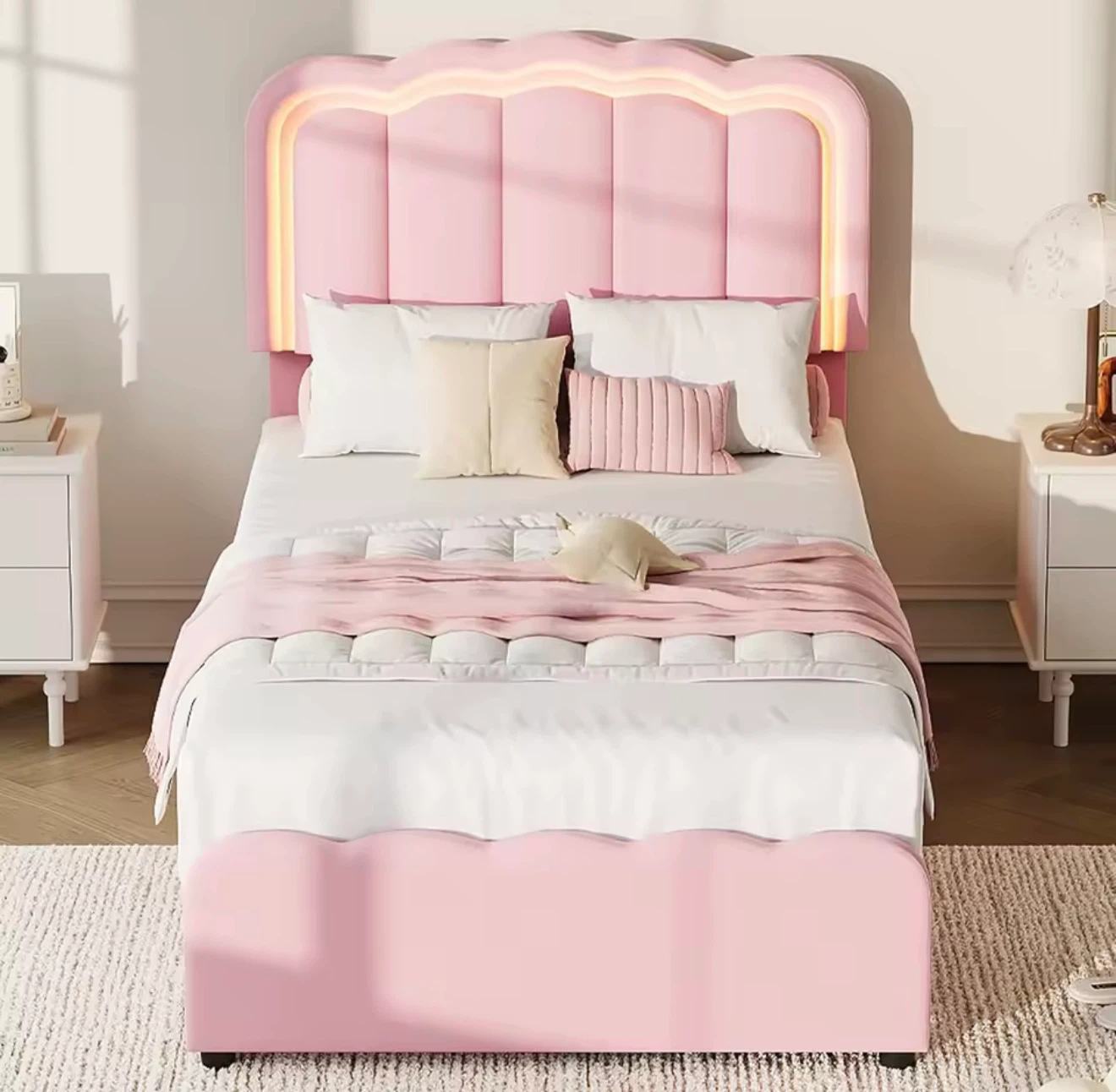 Pink Twin Size LED Platform Bed with Storage