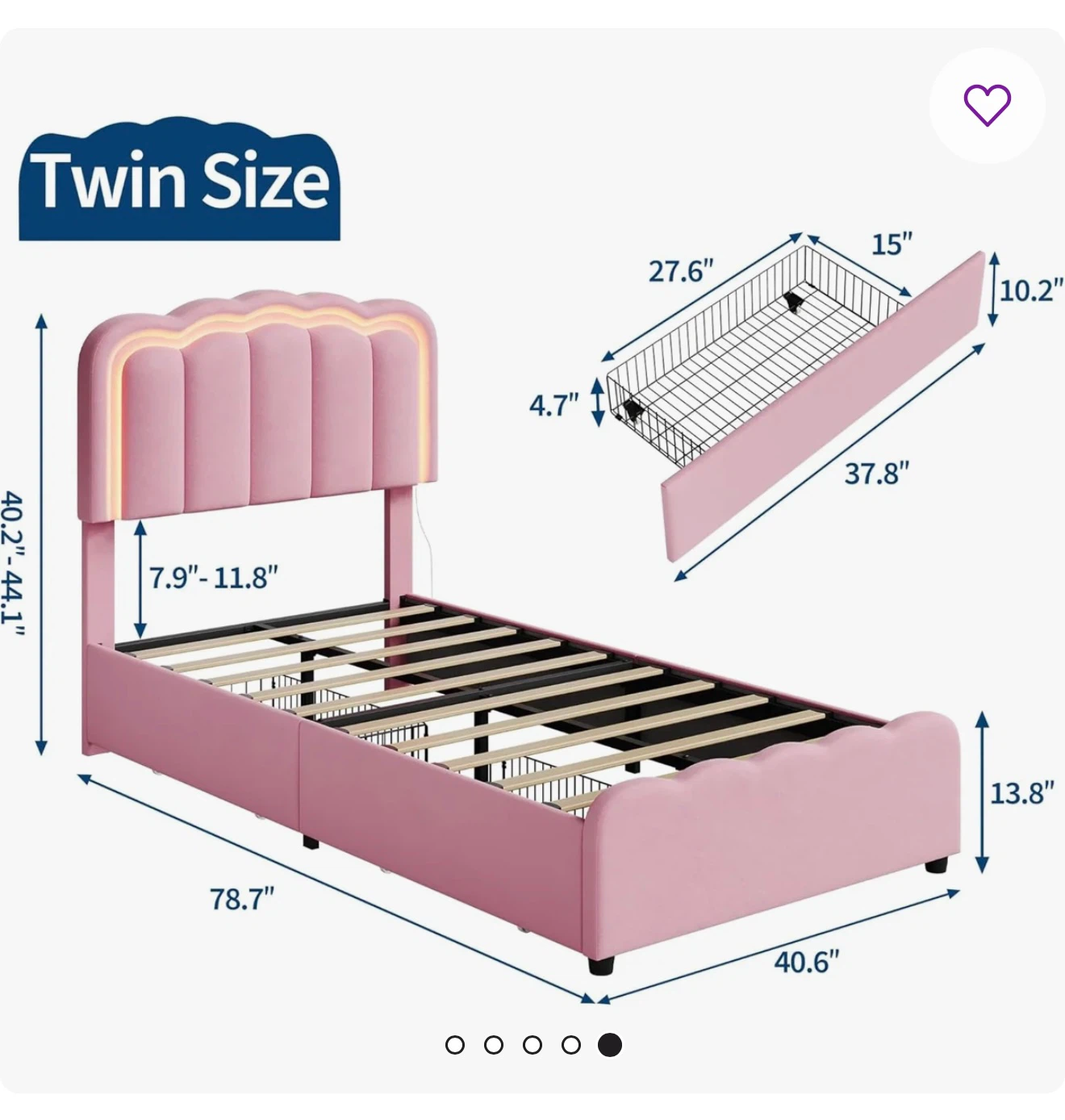 Pink Twin Size LED Platform Bed with Storage - photo 2