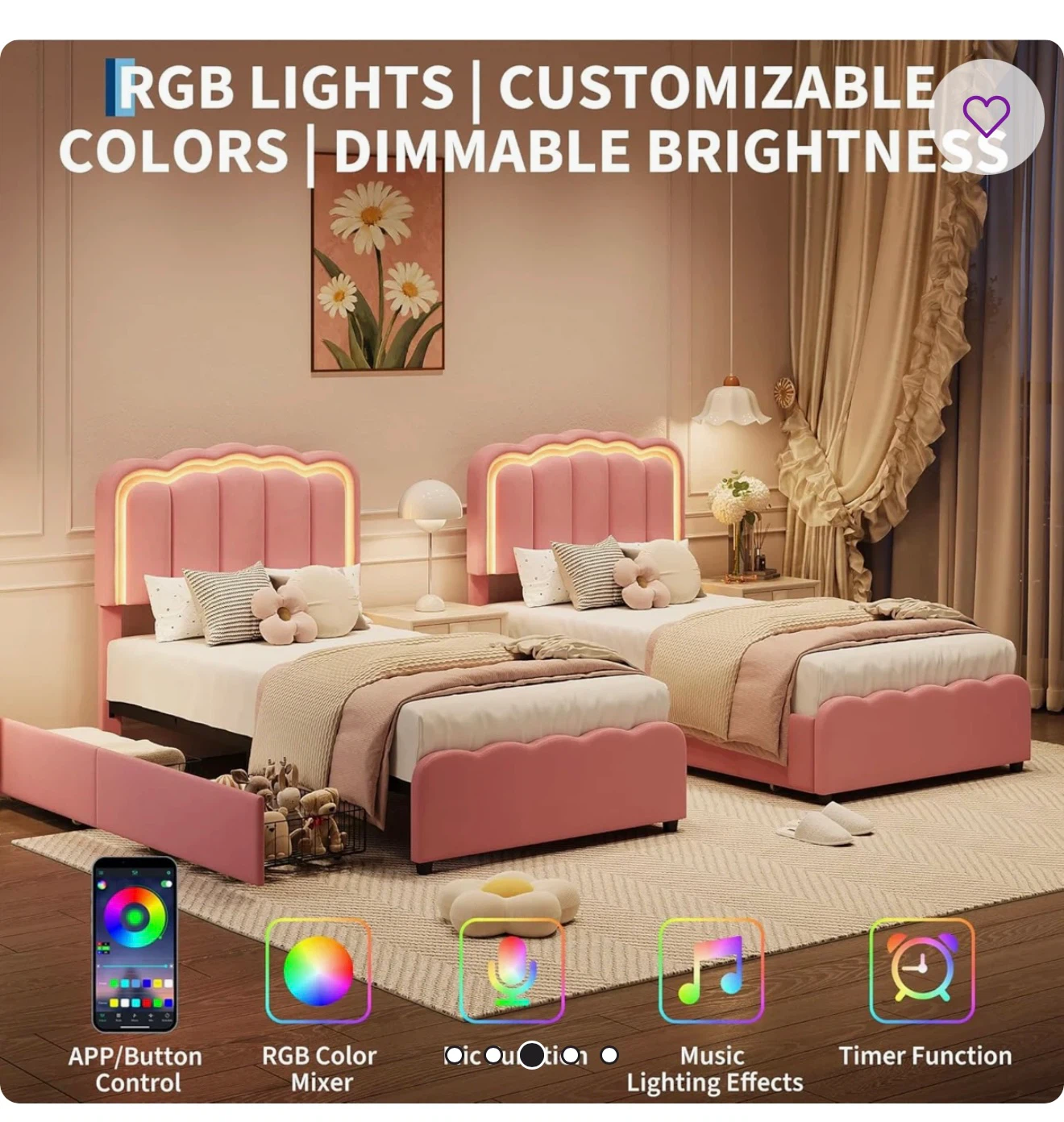 Pink Twin Size LED Platform Bed with Storage - photo 3