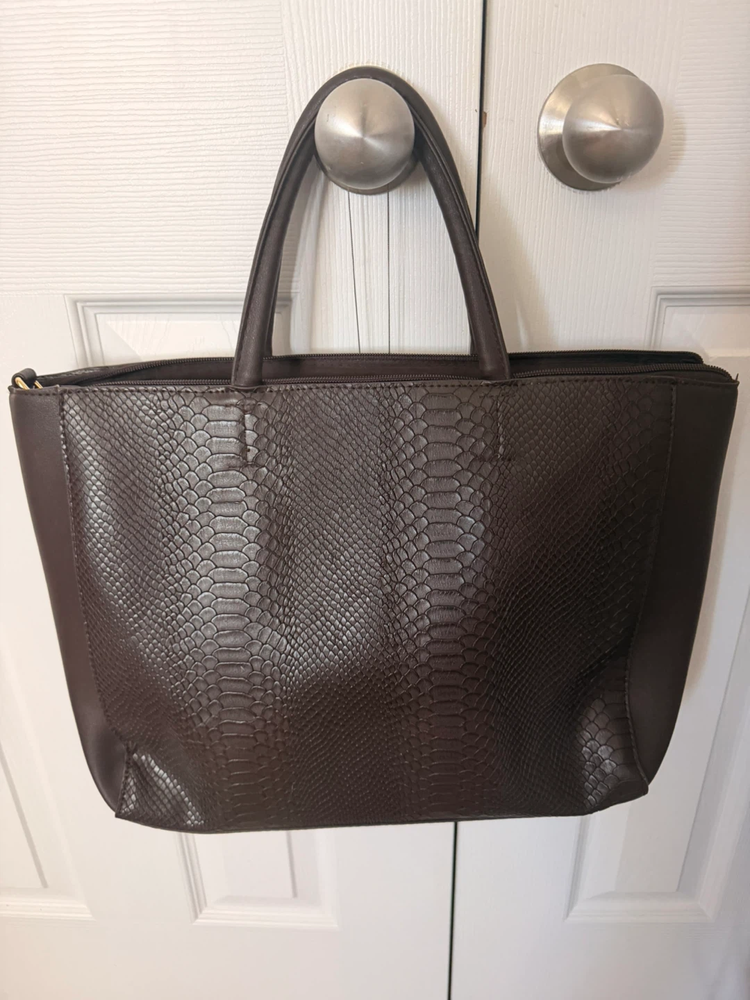 Dark Brown Faux Snakeskin Tote Bag