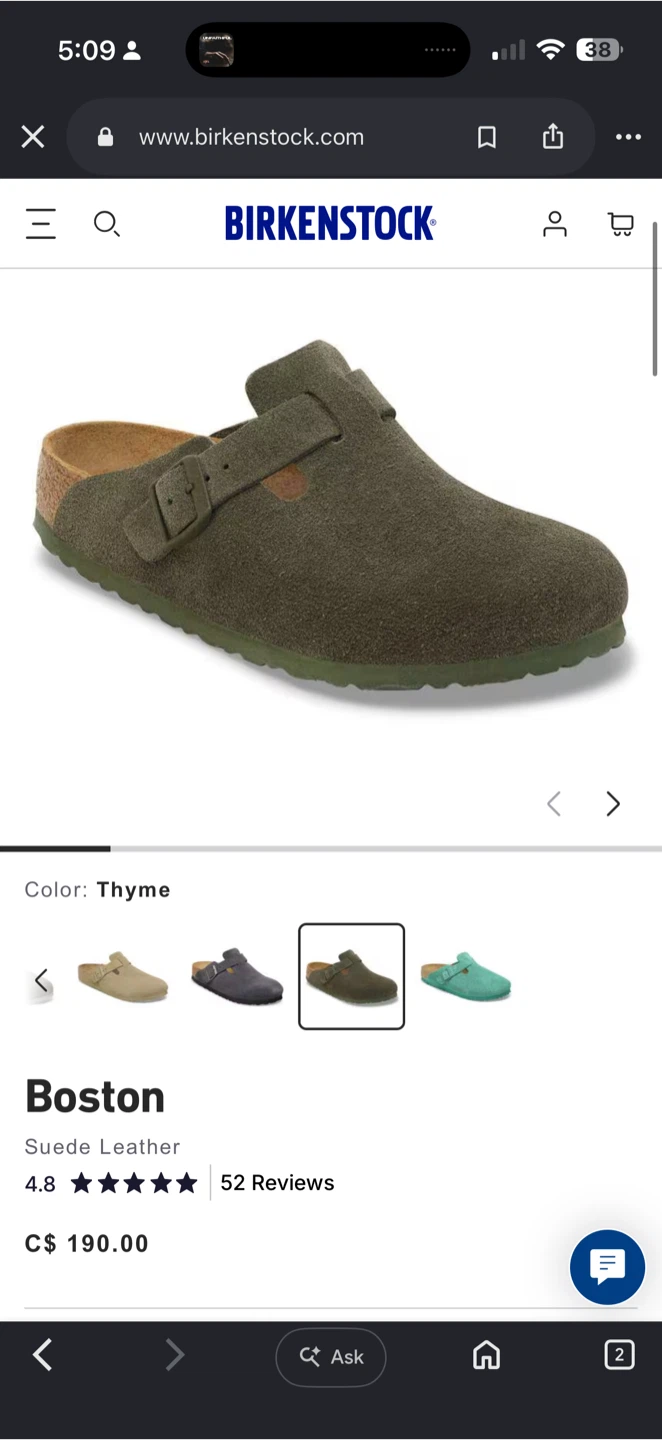 Birkenstock Boston Clogs Size 39 Thyme Suede