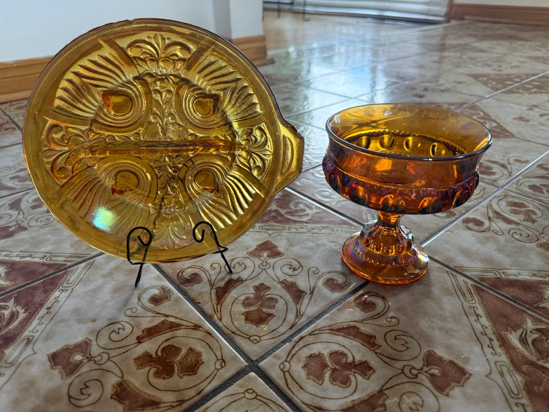 Amber Carnival Glass Platter and Pedestal Bowl Set