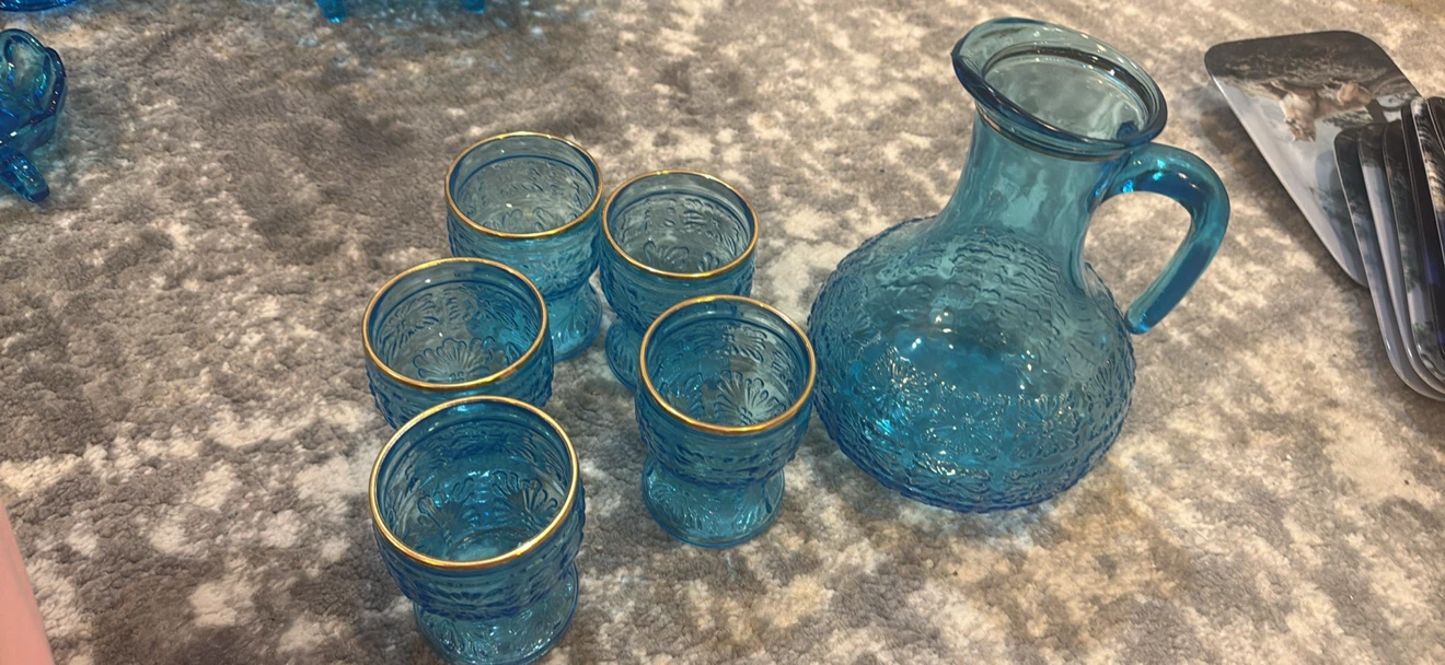 Italian Vintage Blue Glass Pitcher and 5 Matching Glasses