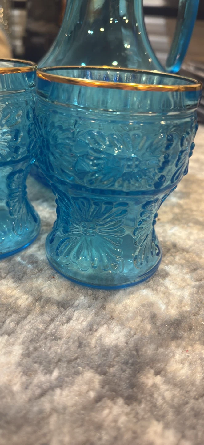 Italian Vintage Blue Glass Pitcher and 5 Matching Glasses - photo 3