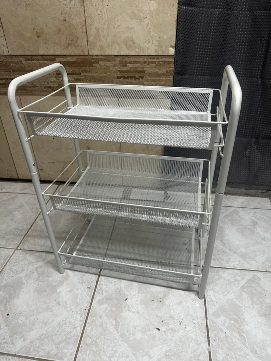 Three-Tier White Metal Mesh Rolling Cart