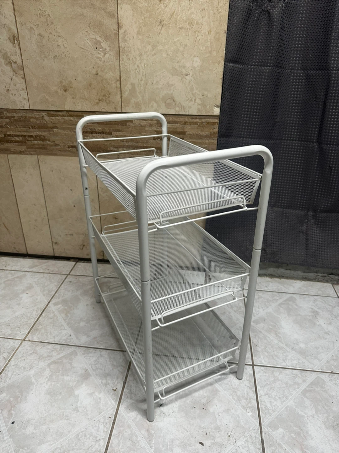 Three-Tier White Metal Mesh Rolling Cart - photo 2