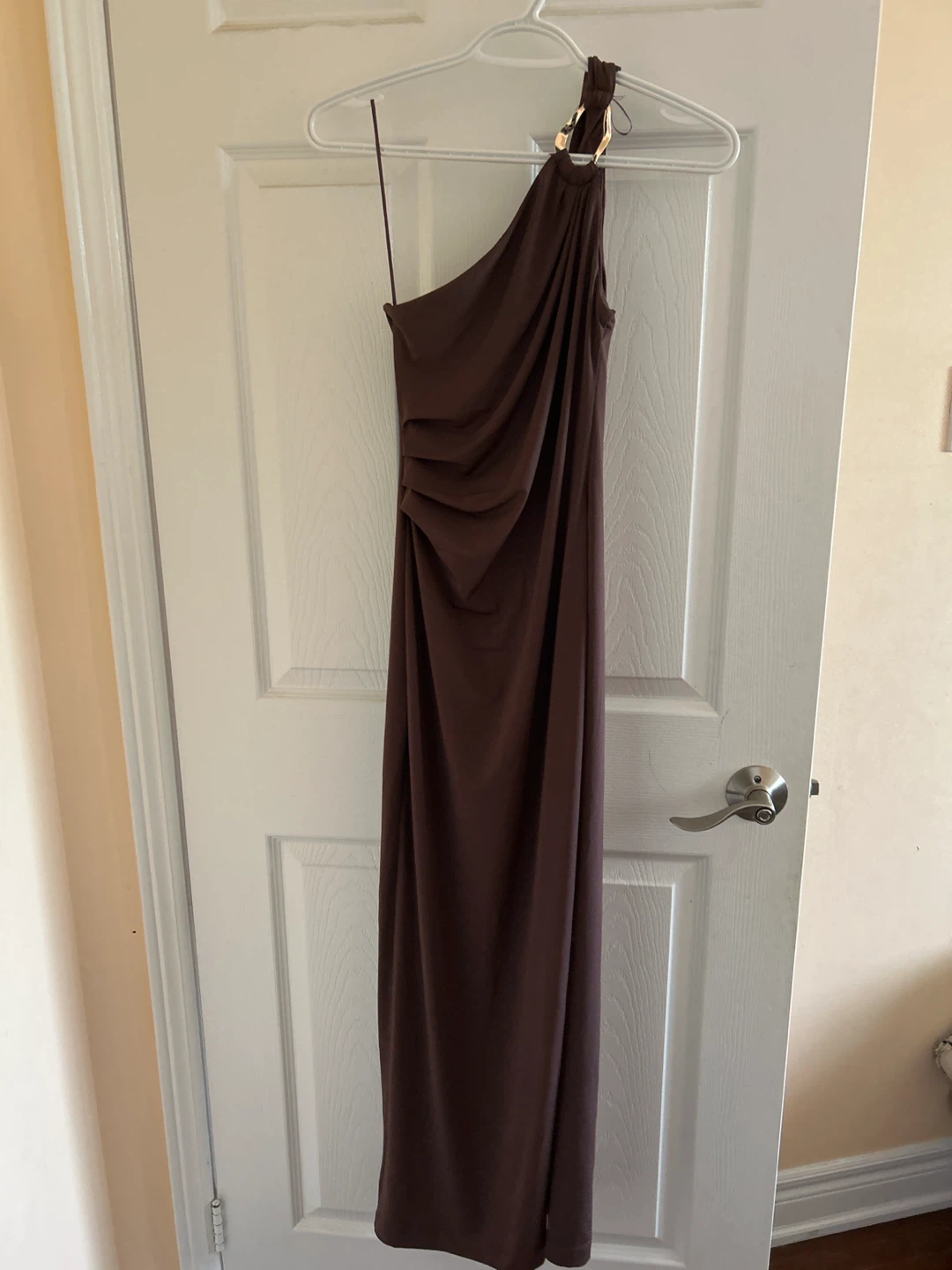 Brown One Shoulder Maxi Dress with Gold Ring Detail