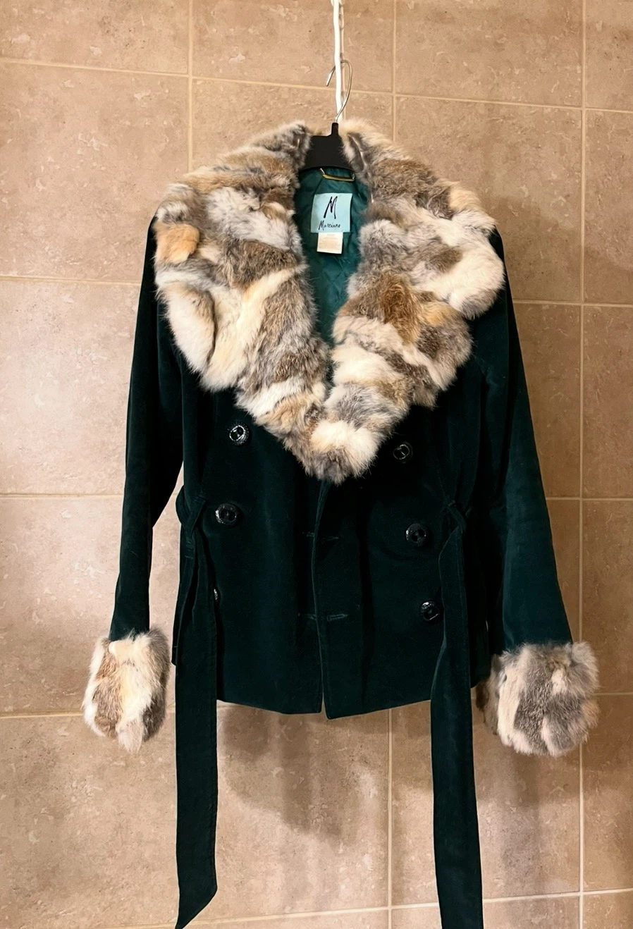 Marciano Green Velvet Coat with Fur Trim