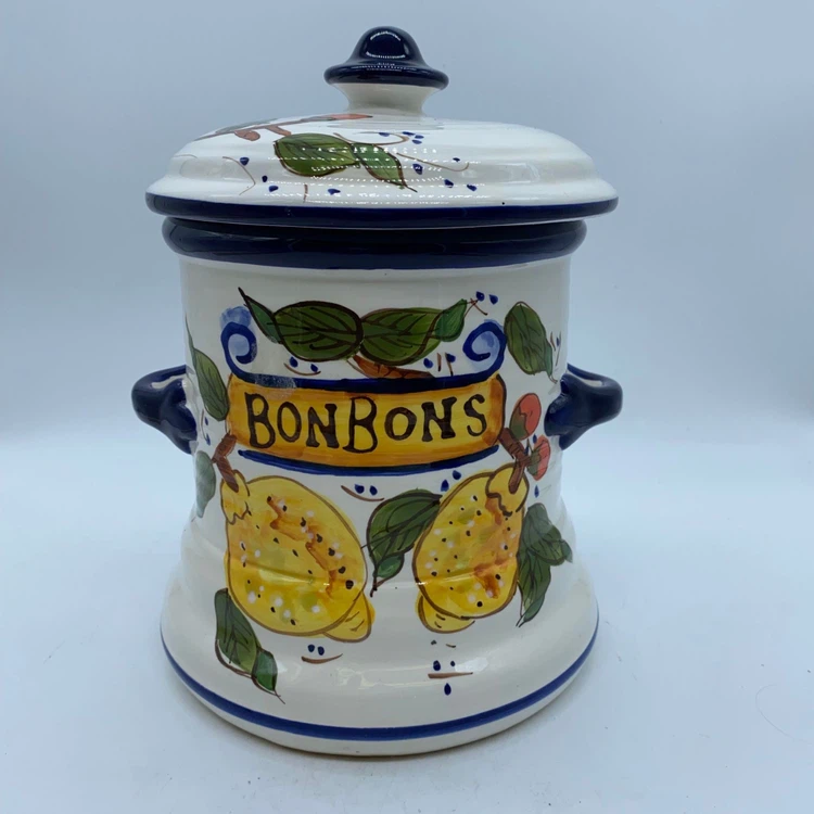 pottery "bonbons" jar with hand-painted lemon motif.