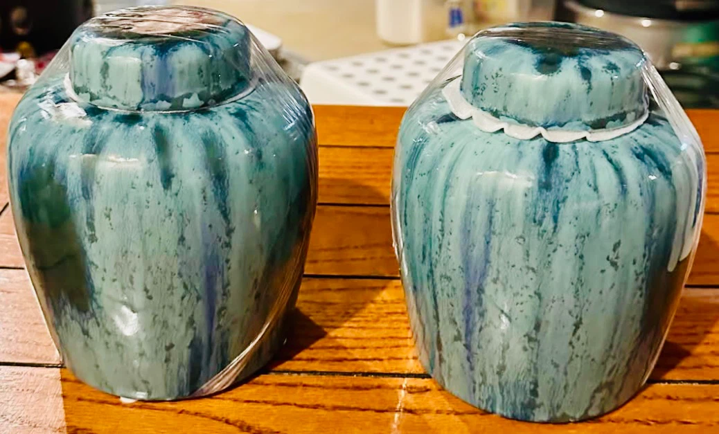 Pair of Ceramic Ginger Jars Blue/Green Glaze