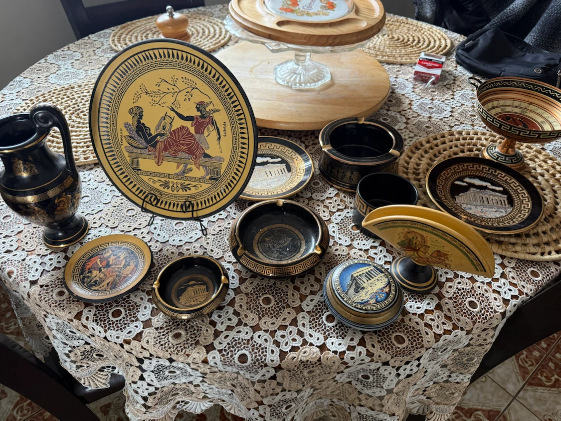Collection of Greek-themed decorative items
