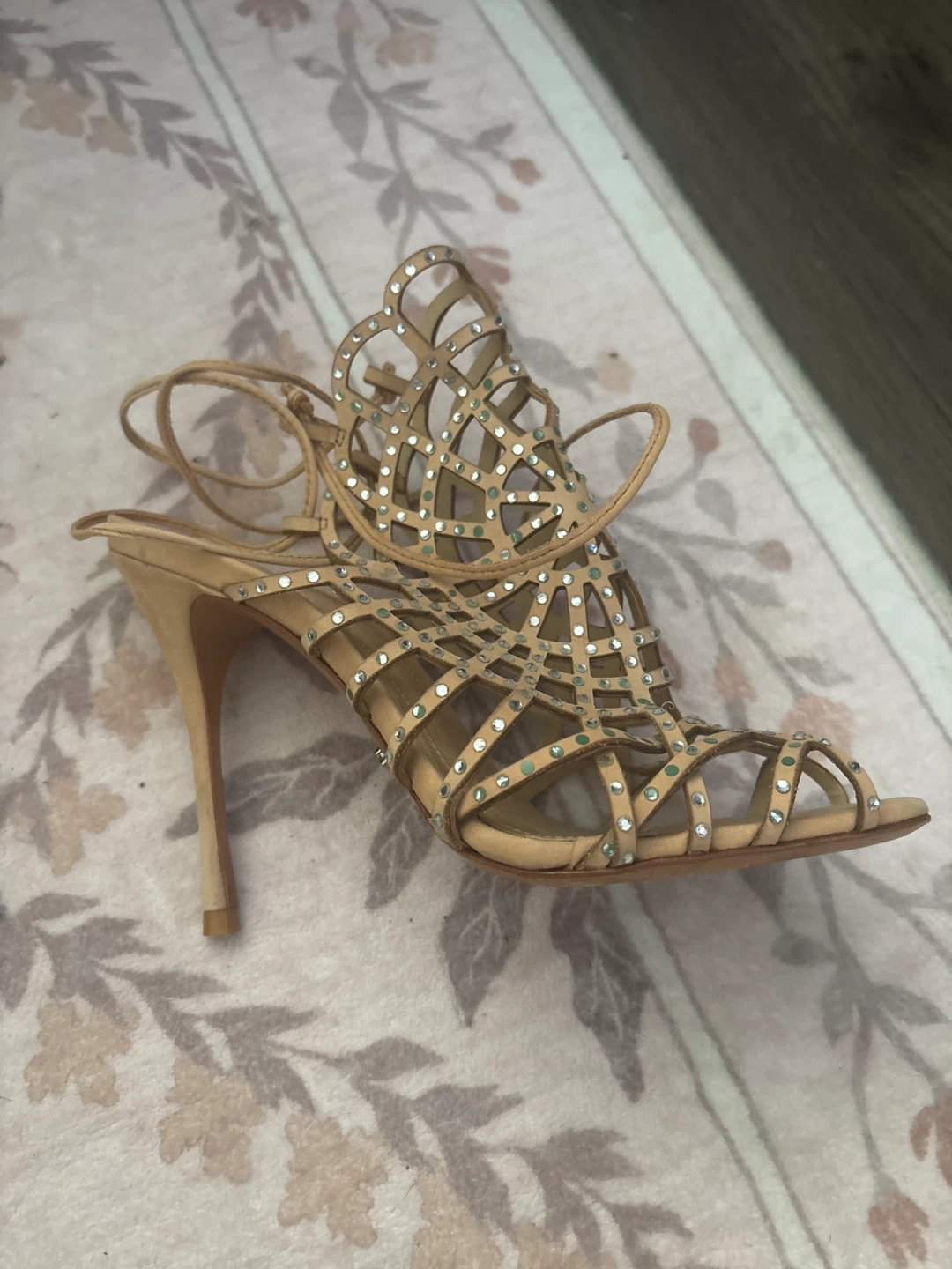 SCHUTZ Designer Tan Strappy Heels with Rhinestones - photo 2
