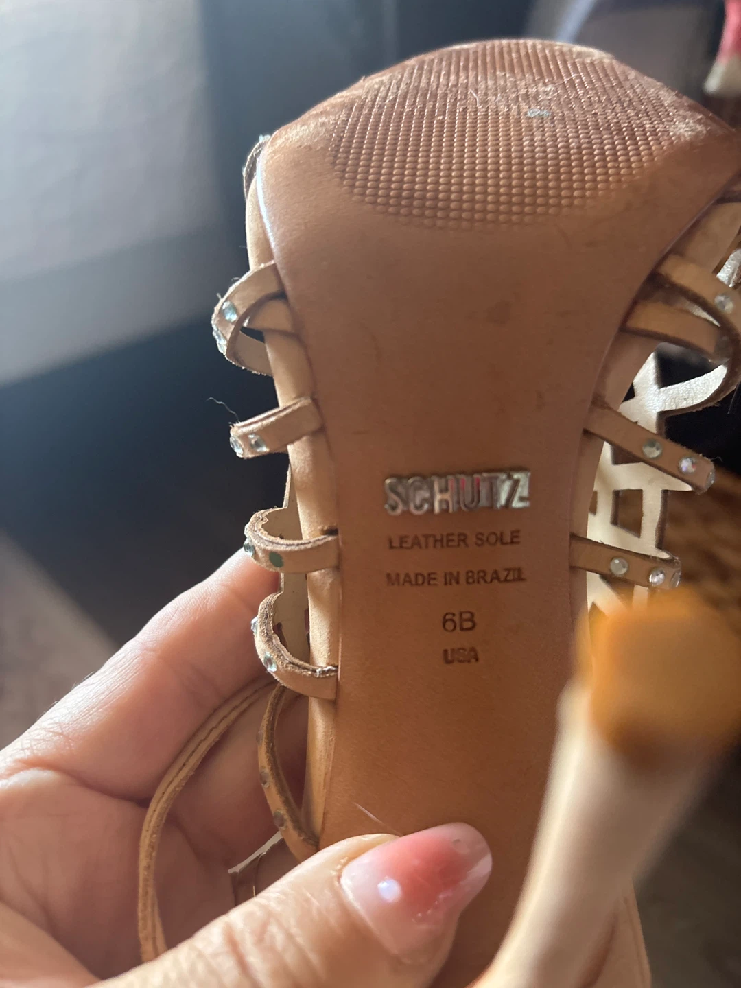 SCHUTZ Designer Tan Strappy Heels with Rhinestones - photo 3