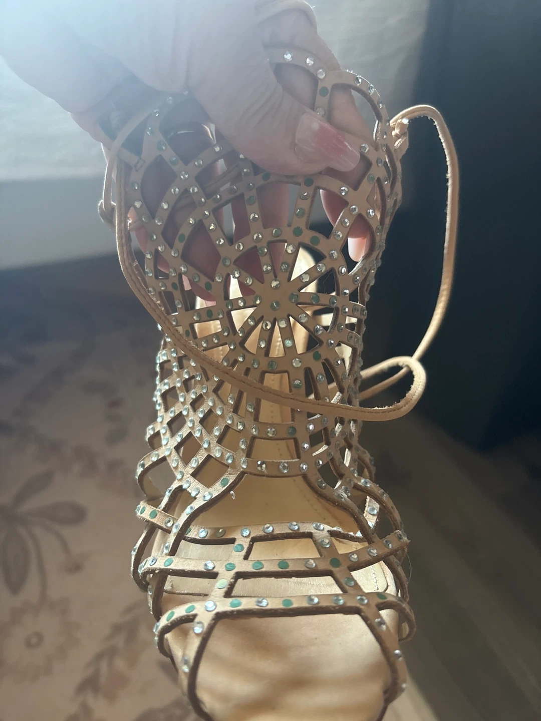 SCHUTZ Designer Tan Strappy Heels with Rhinestones - photo 4