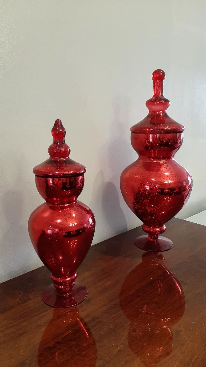 Set of 2 Red Mercury Glass Apothecary Jars with Lids - photo 2