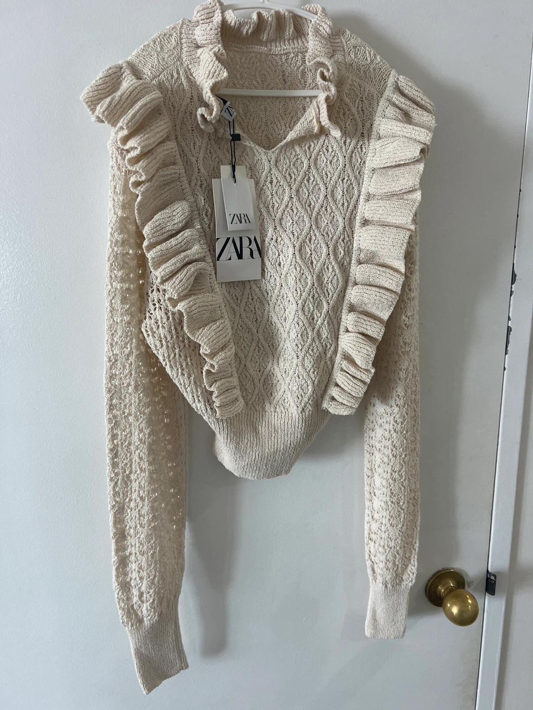 Zara Pearl Embellished Ruffle Sweater
