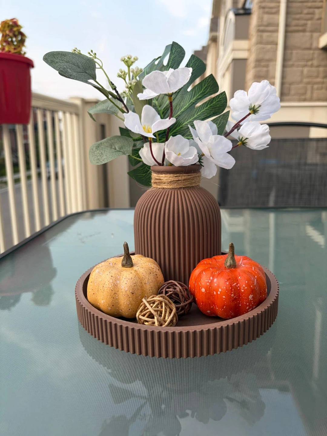 Fall Decorative Tray with Vase and Pumpkins