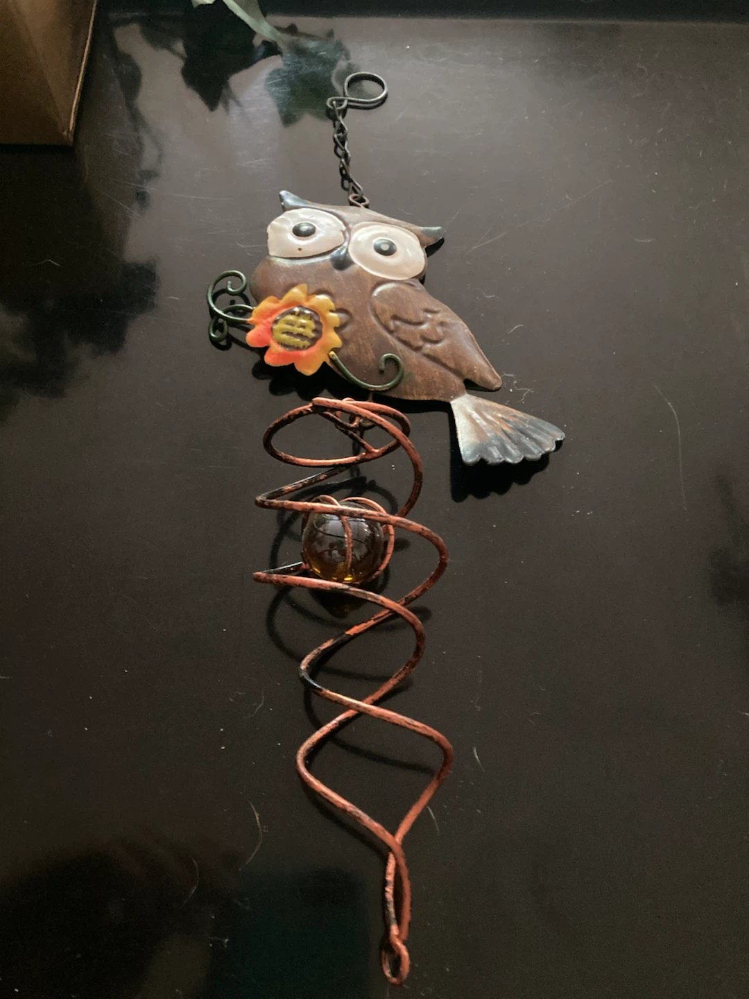 Metal Owl with Spiral and Glass Orb Wind Spinner