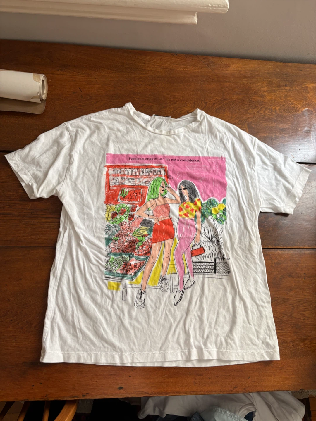 White graphic t-shirt with illustration