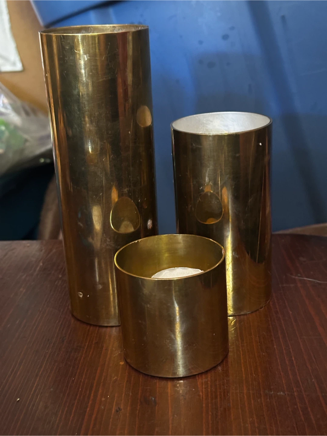 Set of 3 Mid century Brass Column candle holders