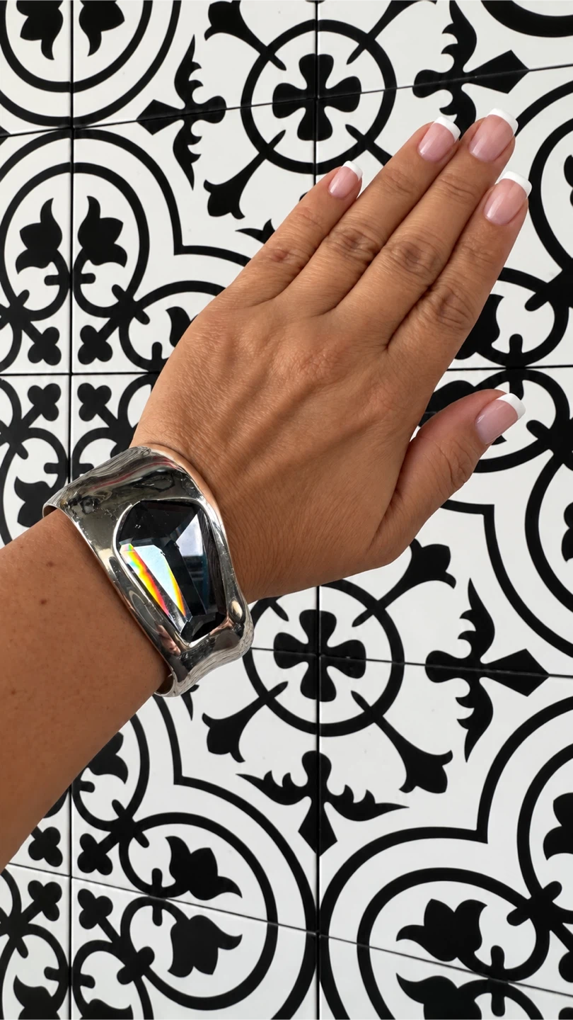 Silver Tone Cuff Bracelet with Dark Stone