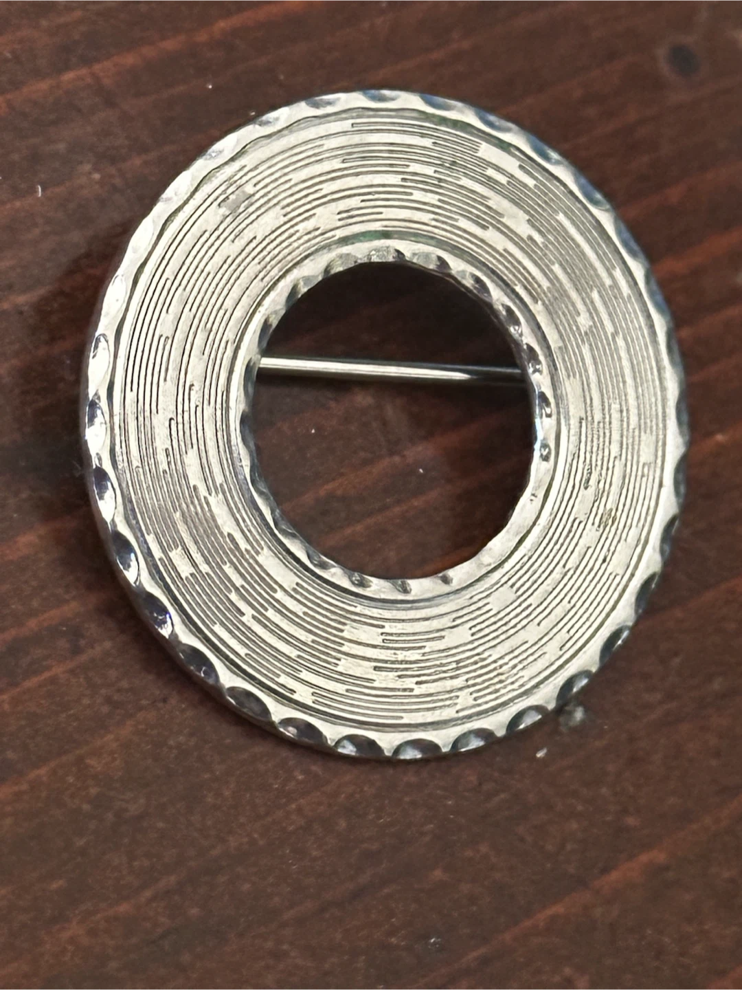 Vintage Silver Tone Grooved Circle Brooch - photo 2