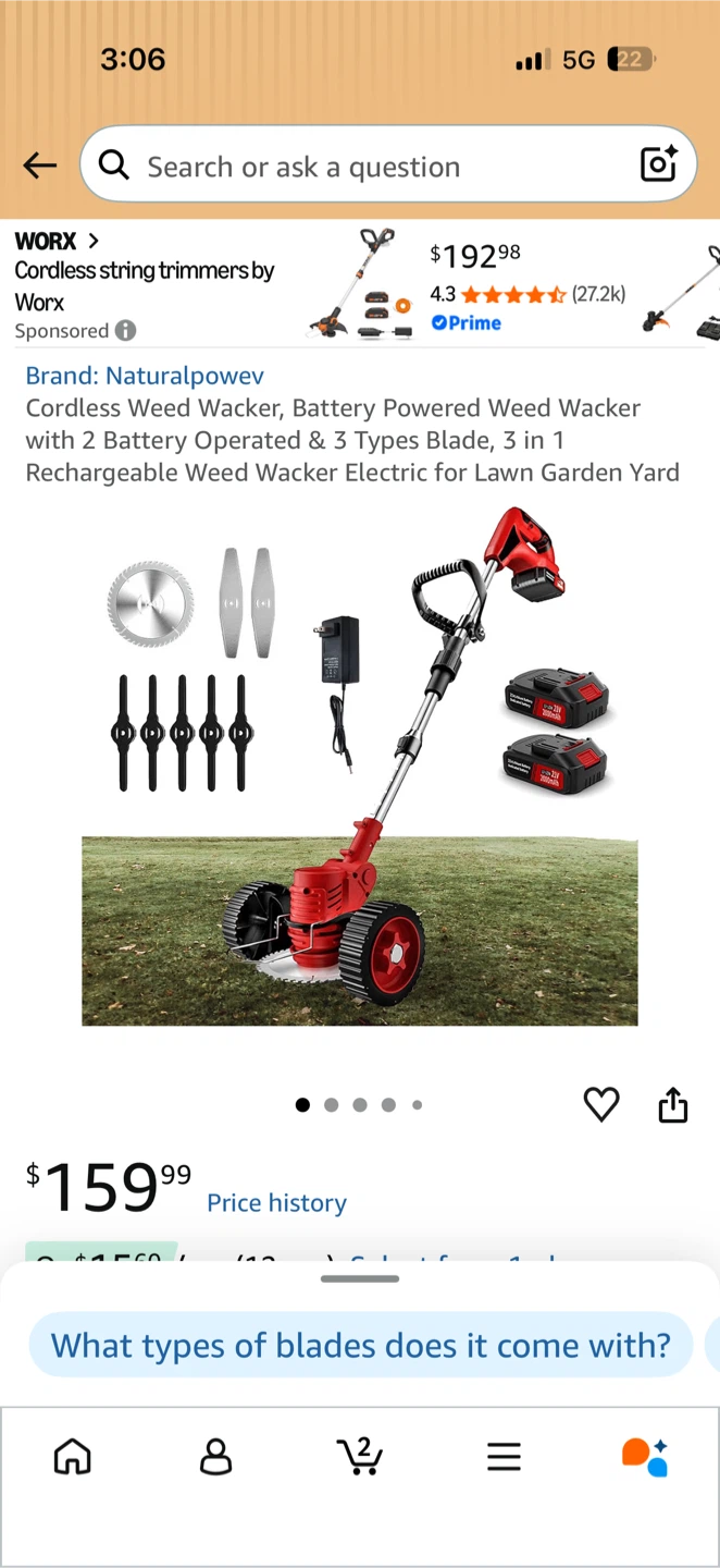 Naturalpowev Cordless Weed Wacker with 2 Batteries