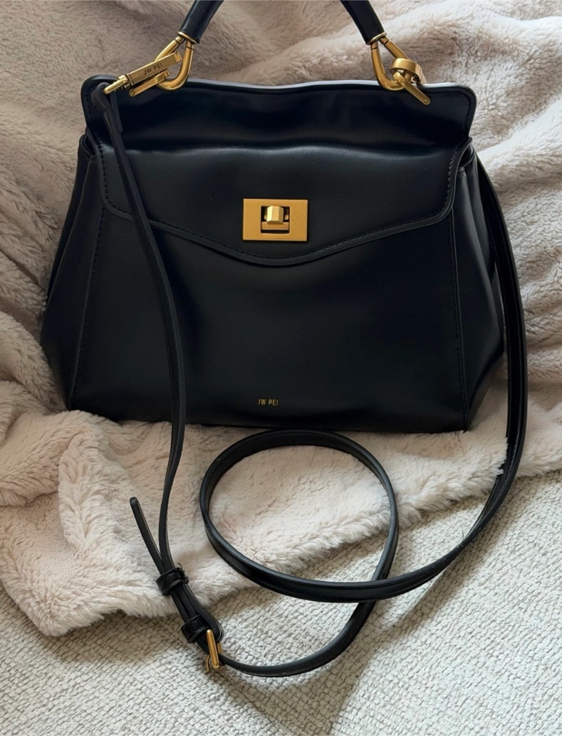 JW Pei Lucia Black Leather Top Handle Shoulder Bag
