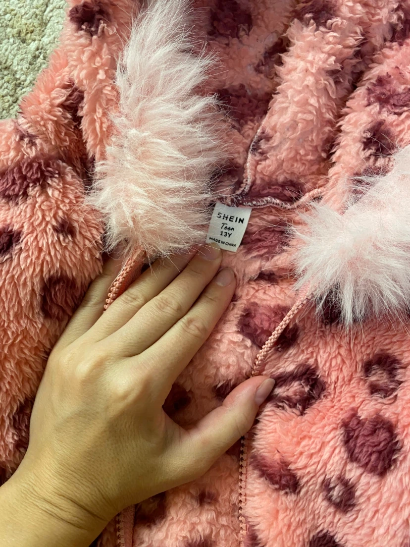 SHEIN Pink Leopard Print Fuzzy Jacket 13Y - photo 2