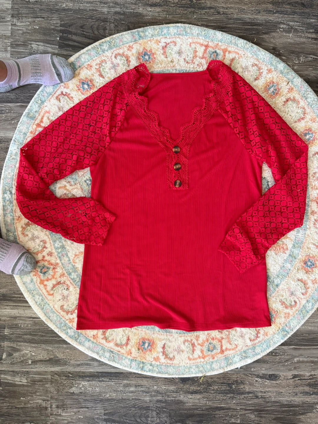 Red Long Sleeve Lace Sleeve Top