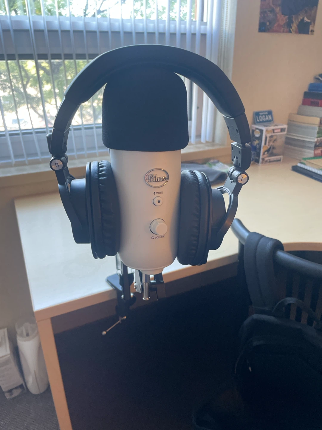 Audio-Technica Headphones and Blue Recording Microphone