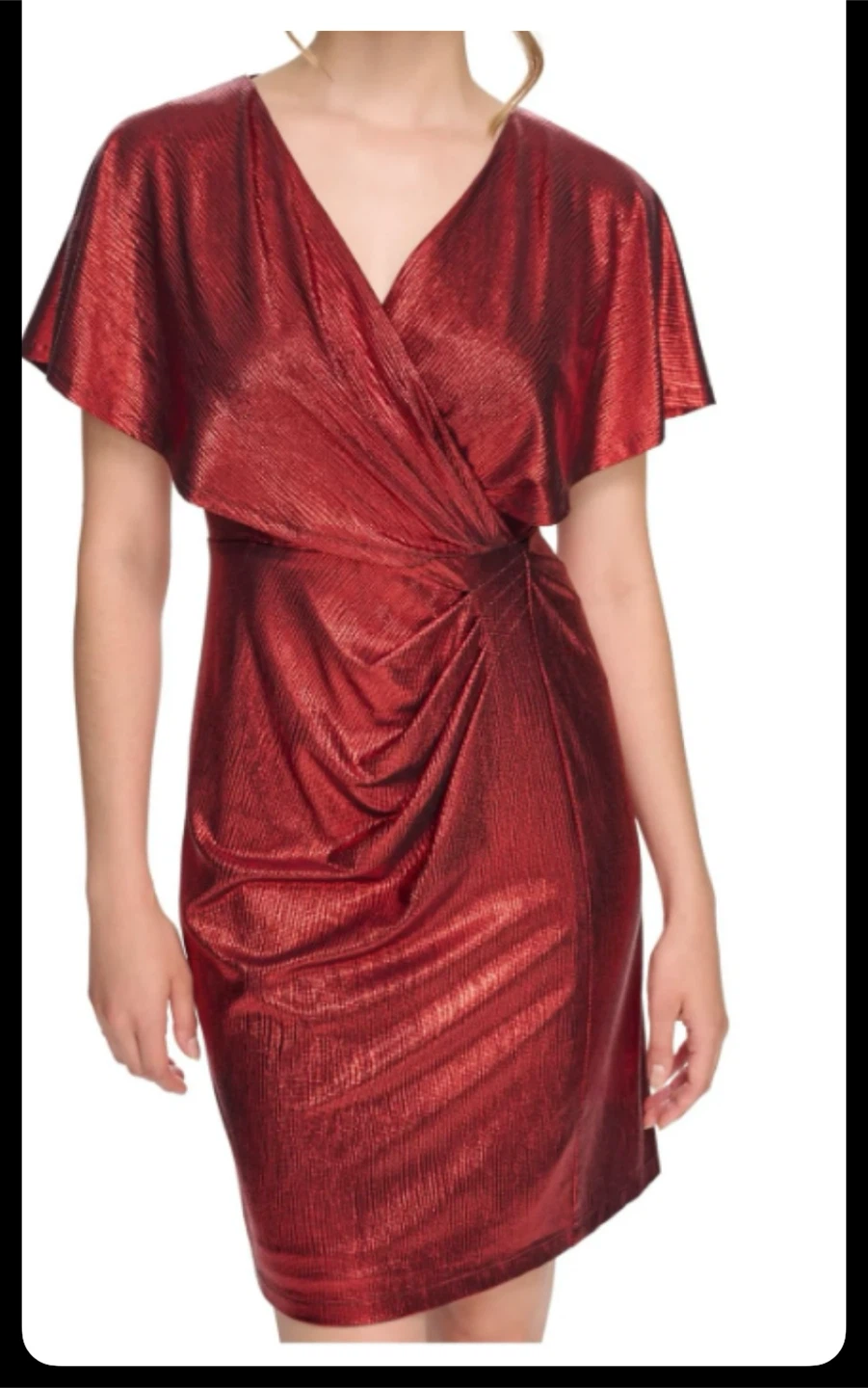Metallic Red Flutter Sleeve Wrap Dress