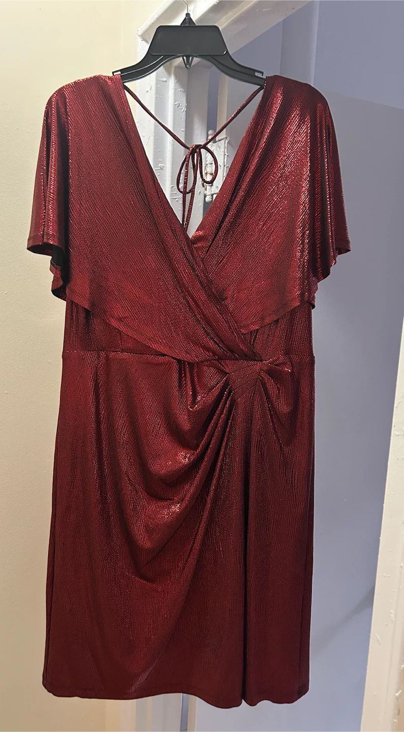 Metallic Red Flutter Sleeve Wrap Dress - photo 3
