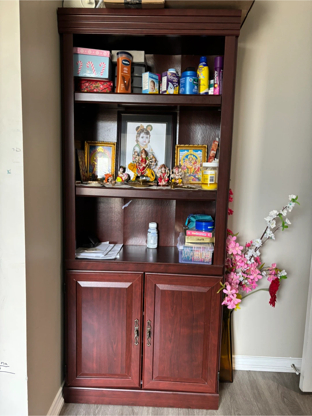 Dark Wood Bookshelf with Lower Cabinet