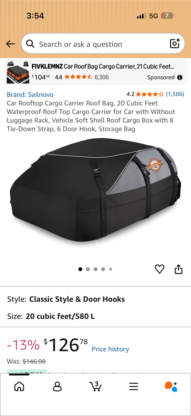 Sailnovo Car Rooftop Cargo Carrier Bag - 20 Cubic Feet