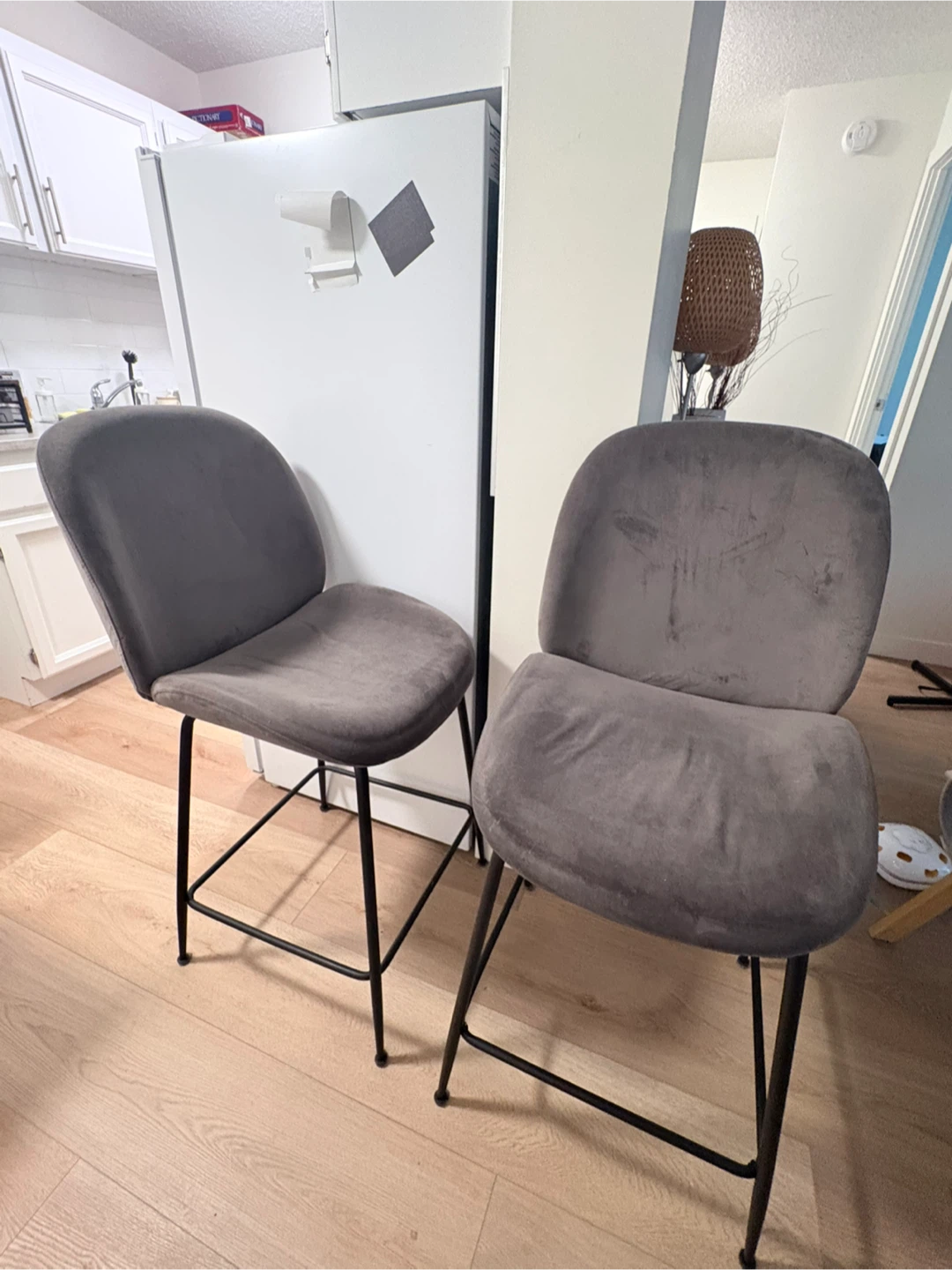 Two Grey Velvet Bar Stools