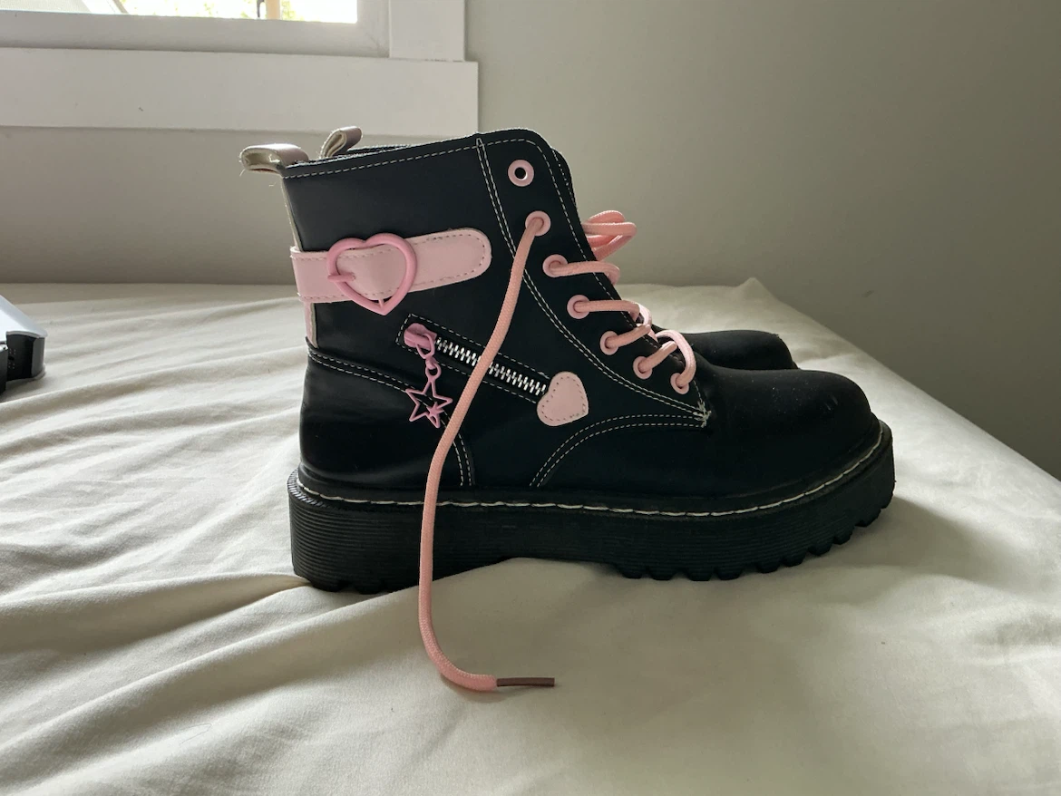 Black & Pink Heart Combat Boots