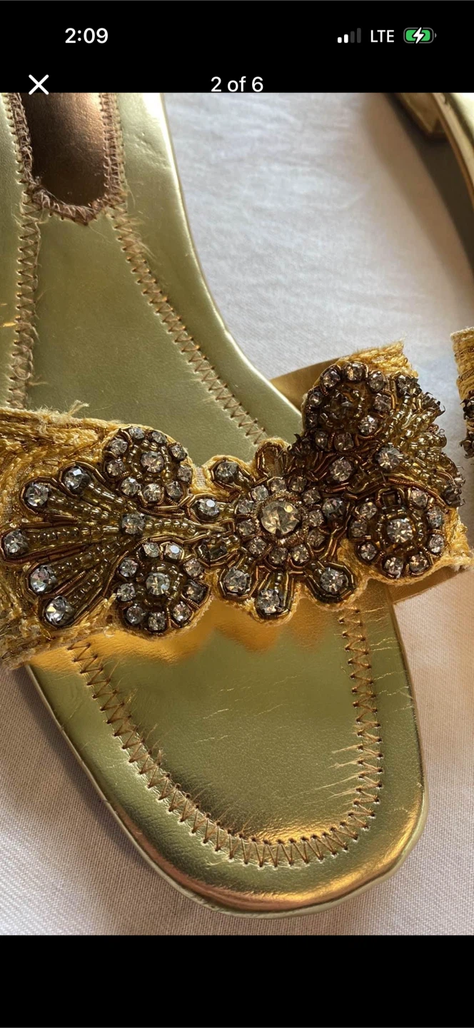 Golden Slip On Sandals With Small Heel And Rhinestones - photo 2
