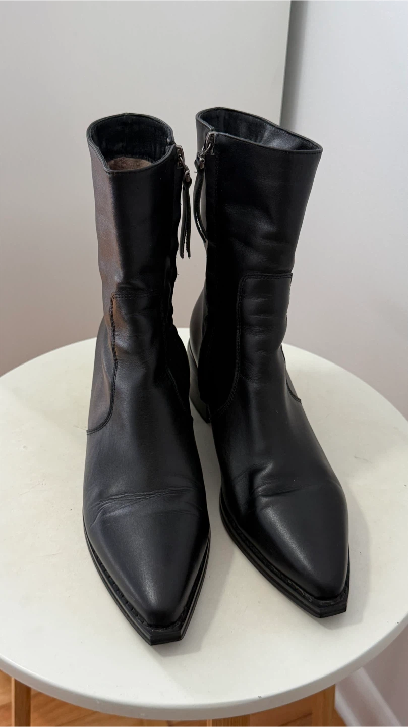 Black Genuine Leather Pointed Toe Ankle Boots Size 7 - photo 2