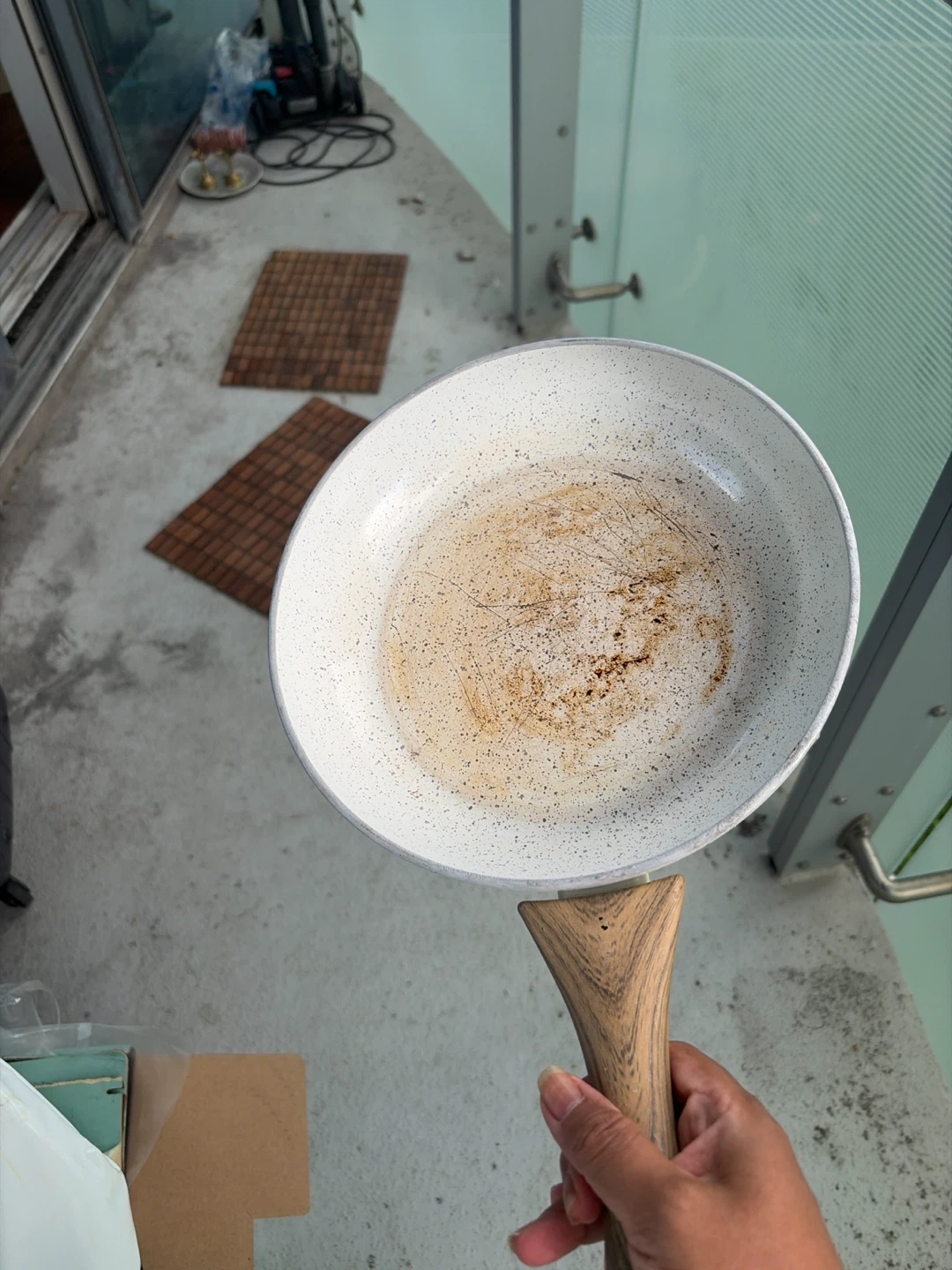 White Speckled Frying Pan with Wooden Handle
