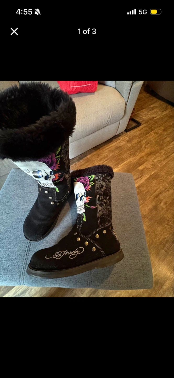 Ed Hardy Skull & Roses Boots size 6